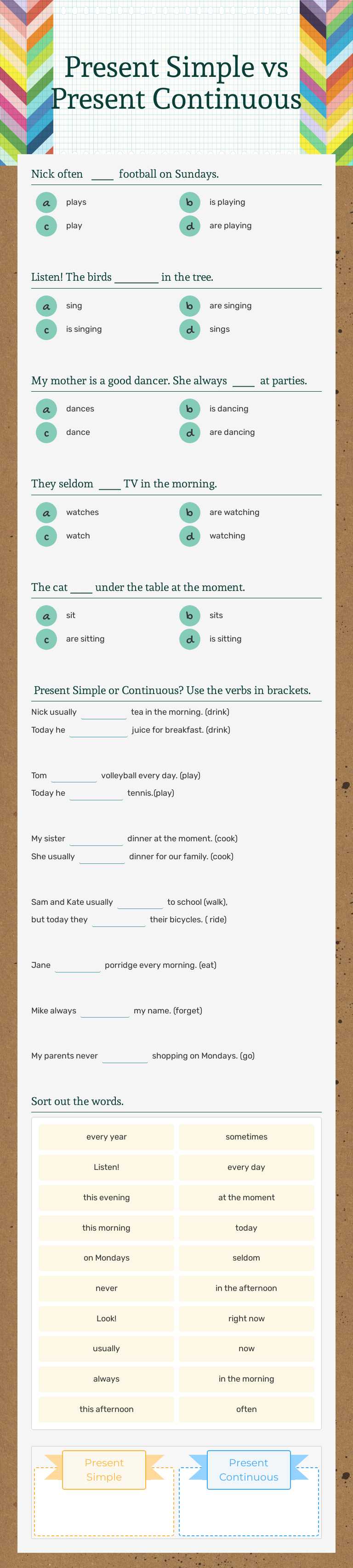 Present Simple 
vs 
Present Continuous worksheet preview image