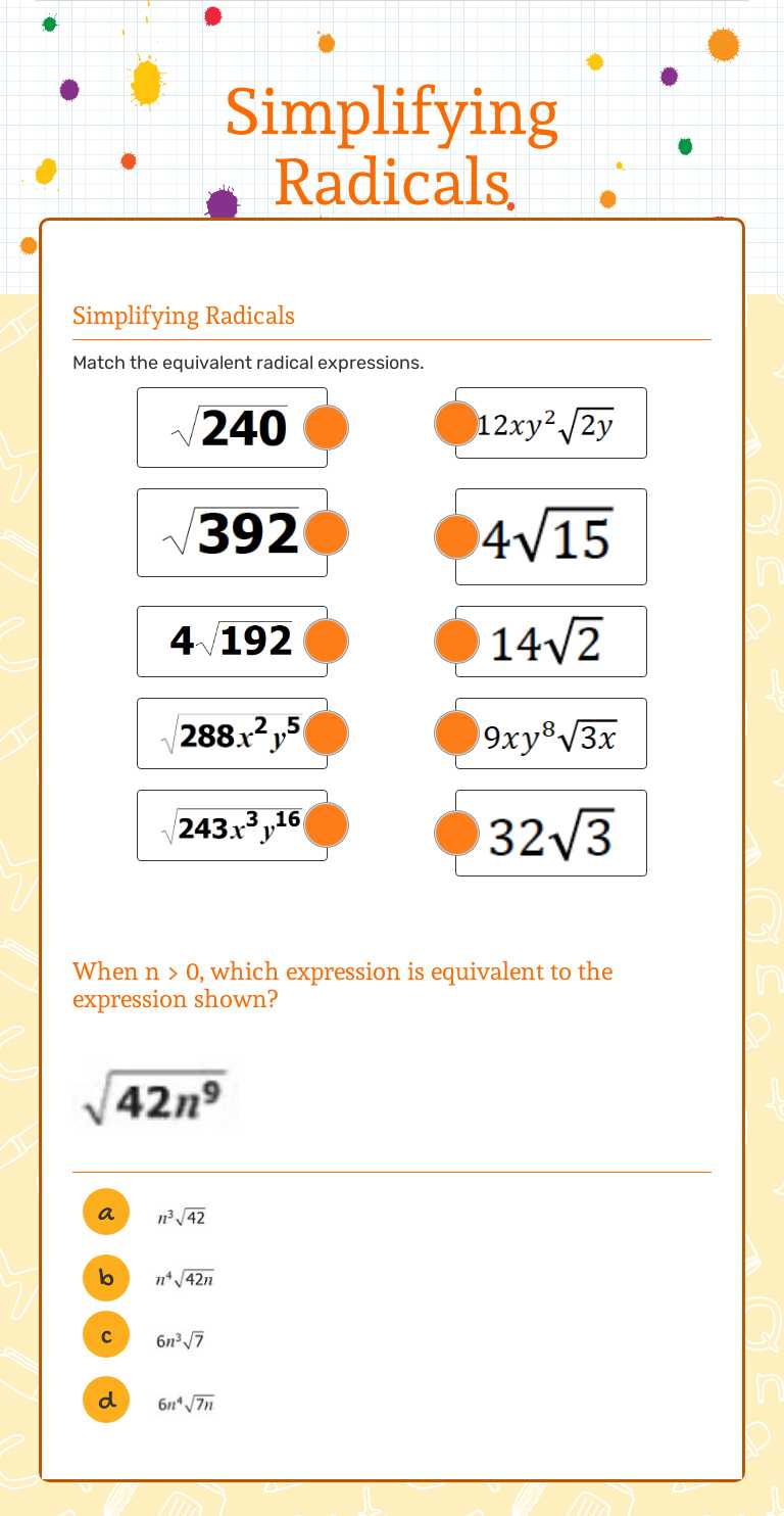 Simplifying Radicals Grade 9 worksheet preview