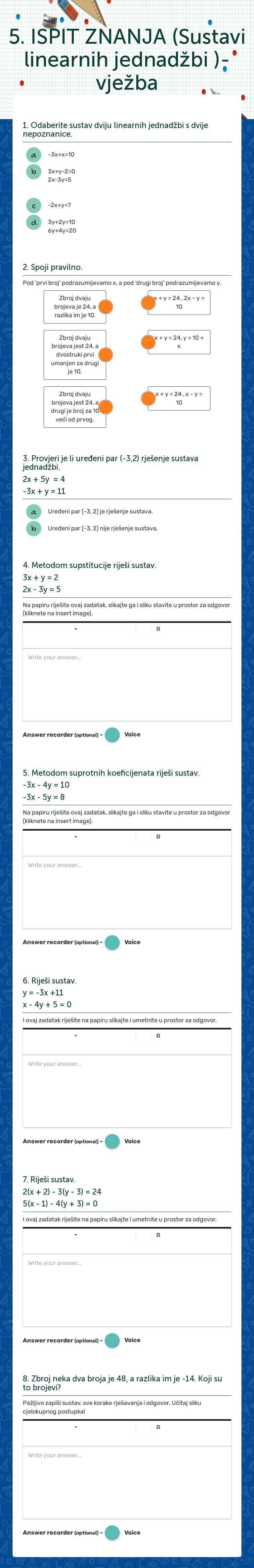5. ISPIT ZNANJA (Sustavi linearnih jednadžbi )-vježba worksheet preview image