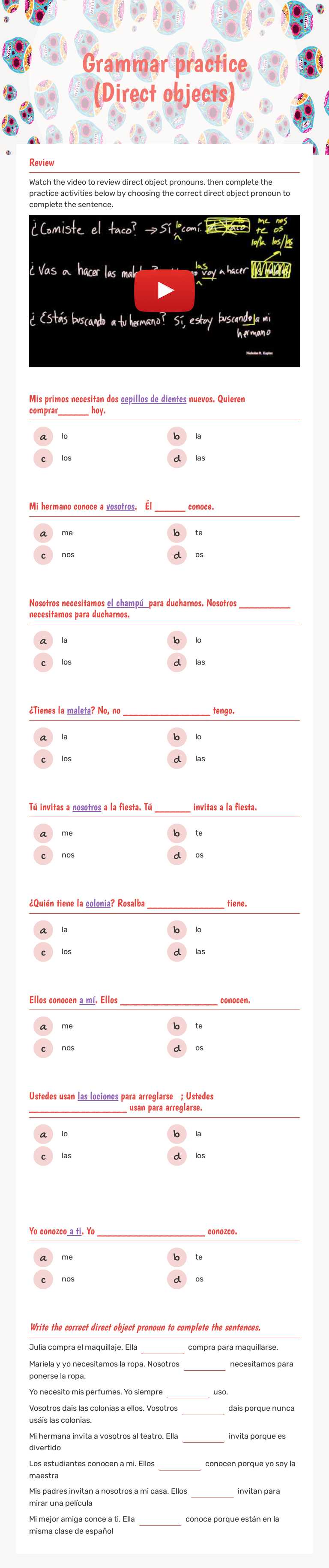 Grammar practice              (Direct objects) worksheet preview image