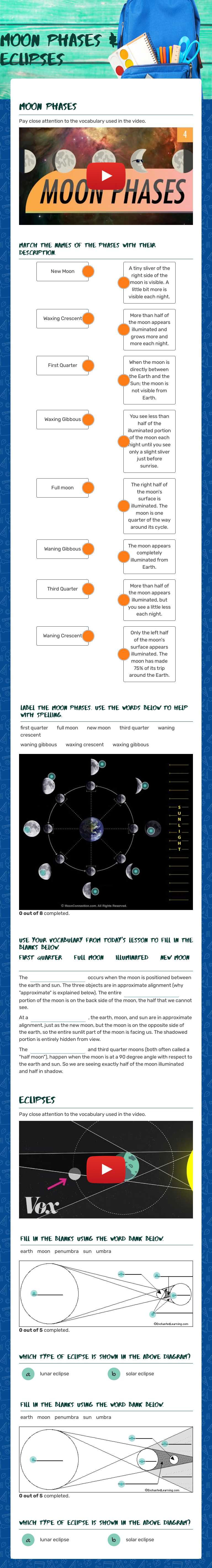 Moon Phases & Eclipses worksheet preview image