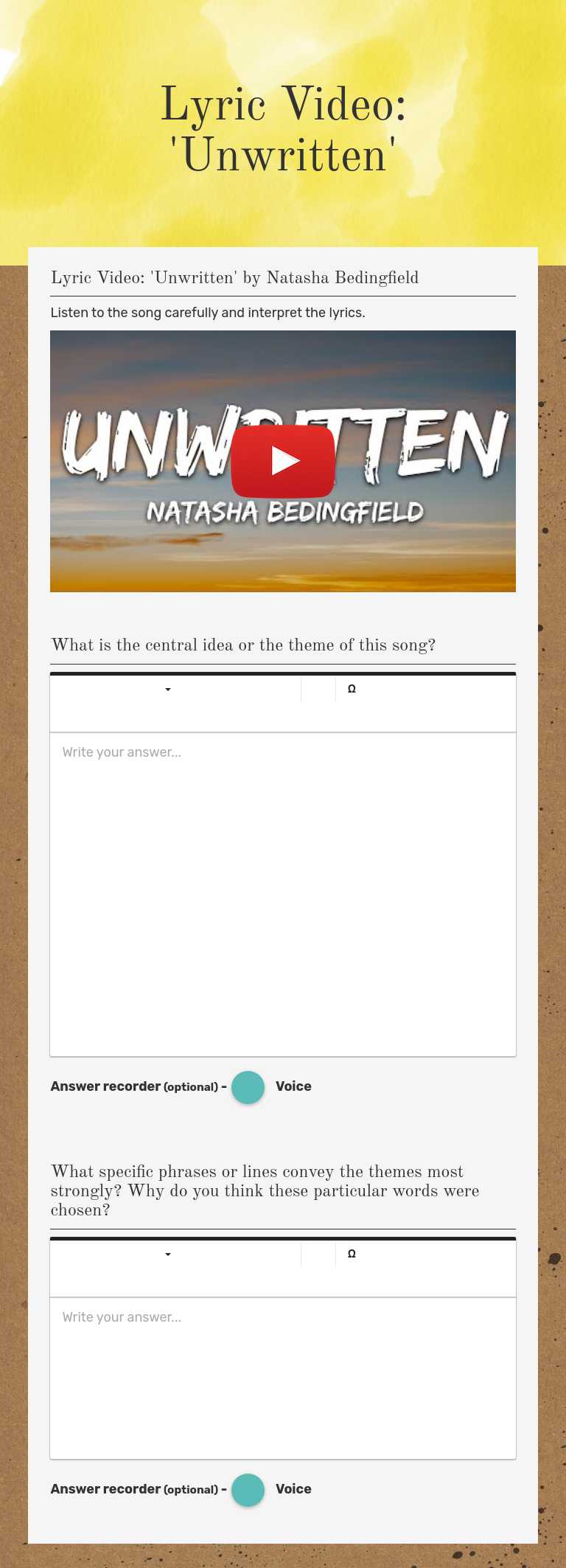 Lyric Video: 'Unwritten' worksheet preview image