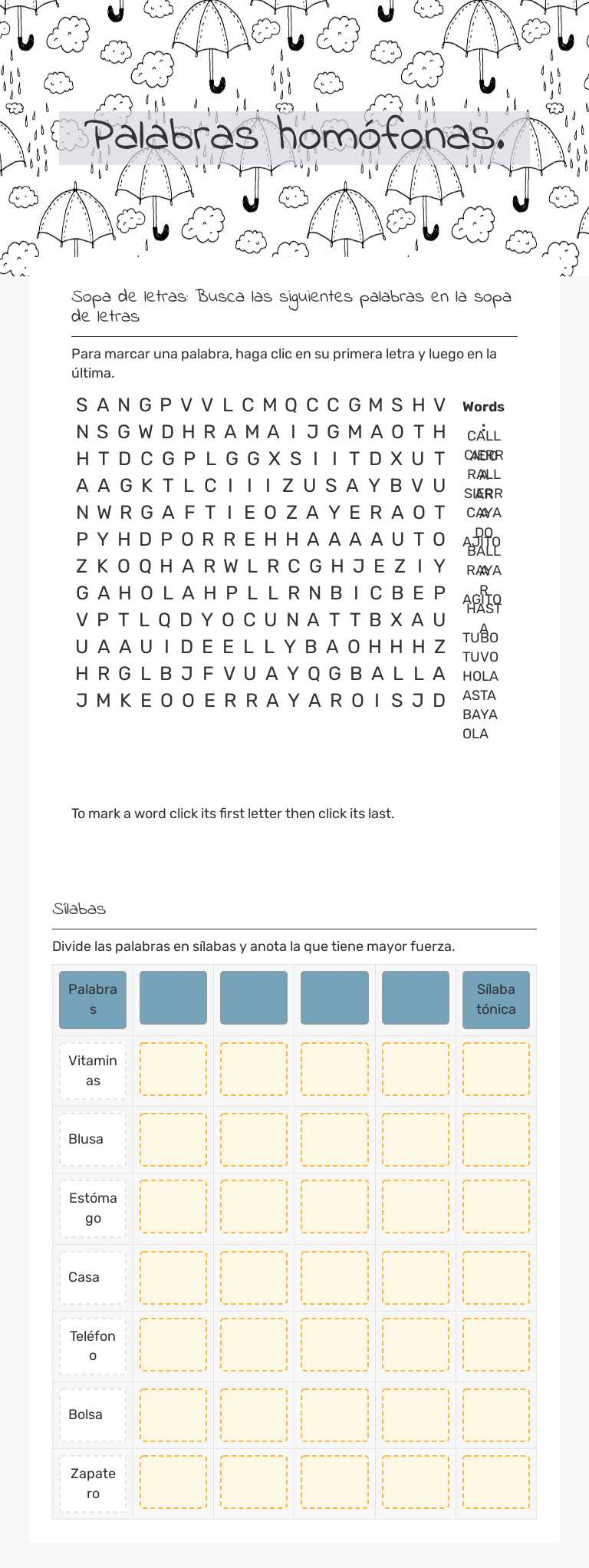 Palabras homófonas. worksheet preview image