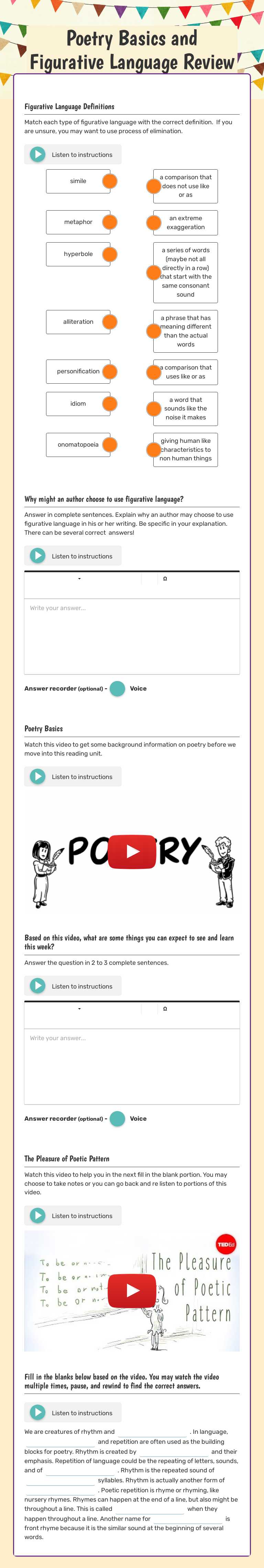 Poetry Basics and Figurative Language Review Grade 6 worksheet preview
