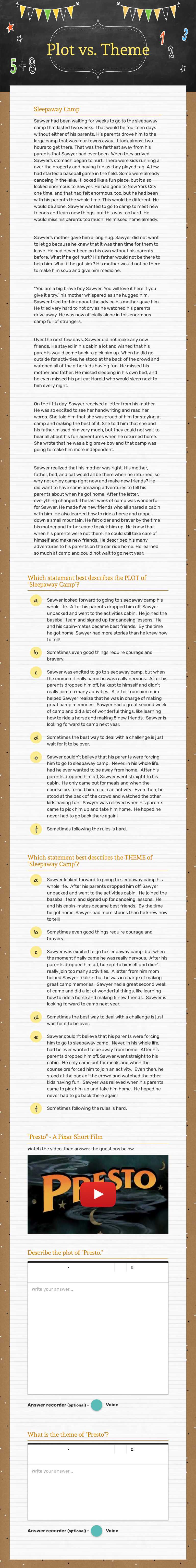 Plot vs. Theme Grade 5 worksheet preview
