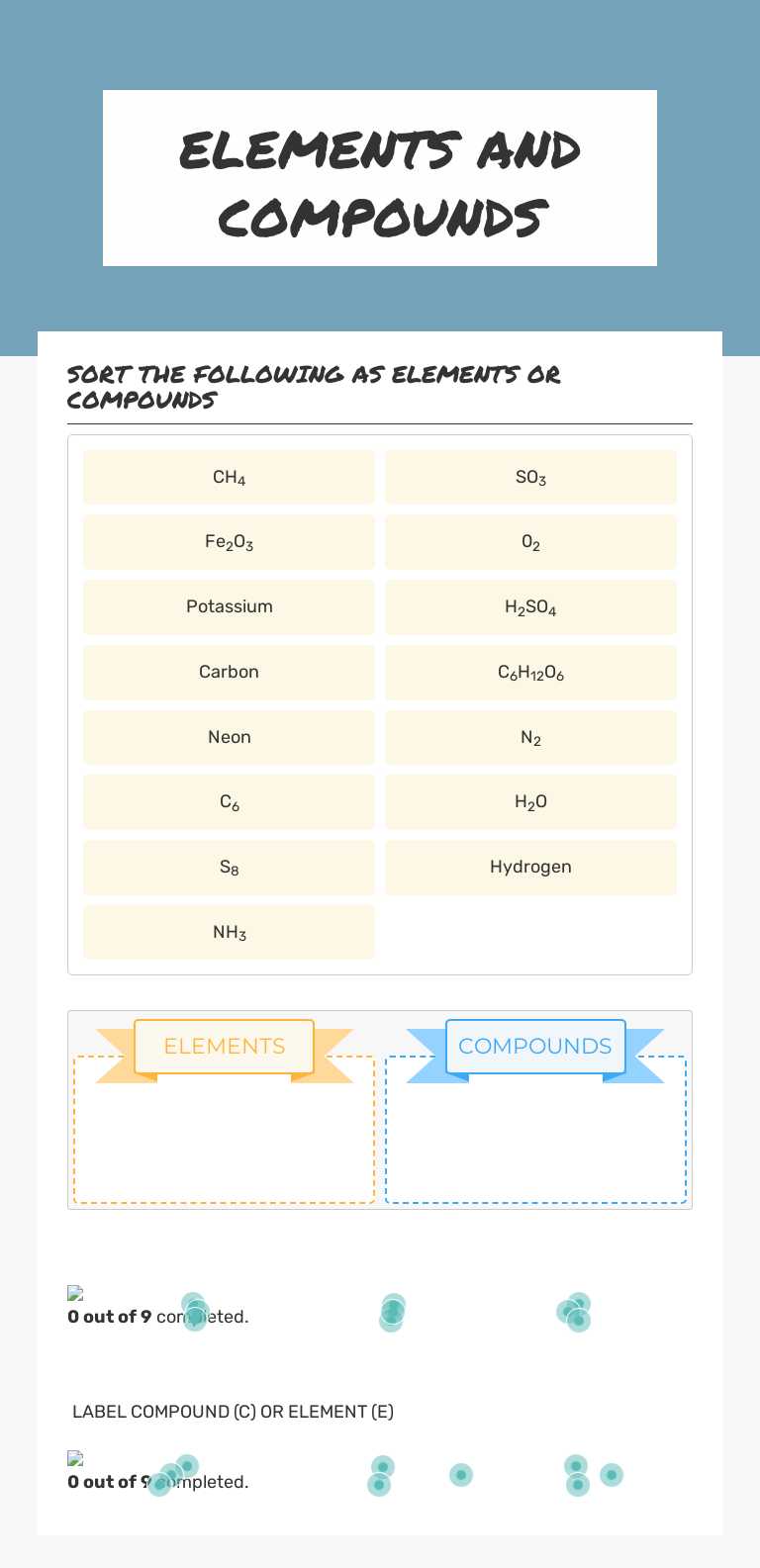 elements and compounds Grade 6 worksheet preview
