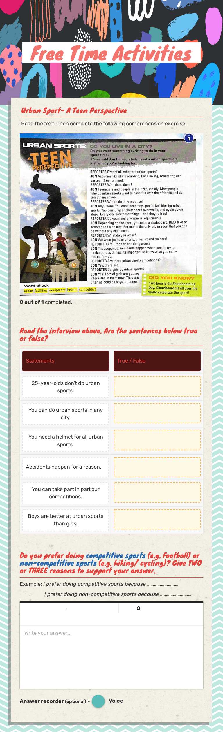 Free Time Activities worksheet preview image