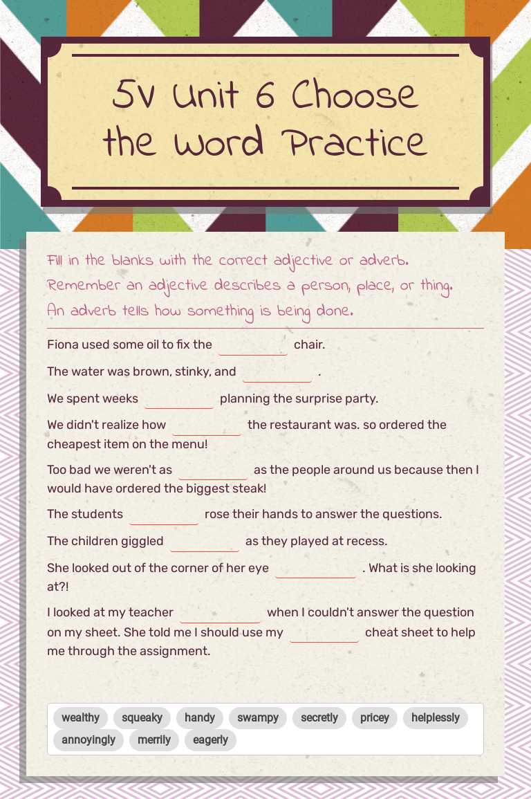 5V Unit 6 Choose the Word Practice Grade 5 worksheet preview