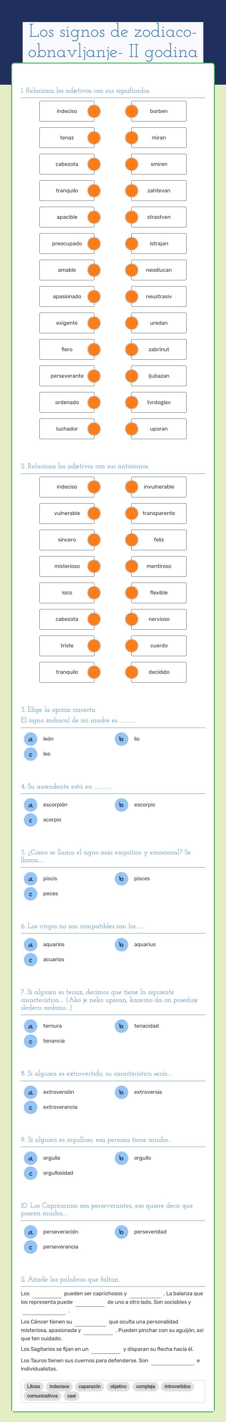 Los signos de zodiaco- obnavljanje- II godina worksheet preview image