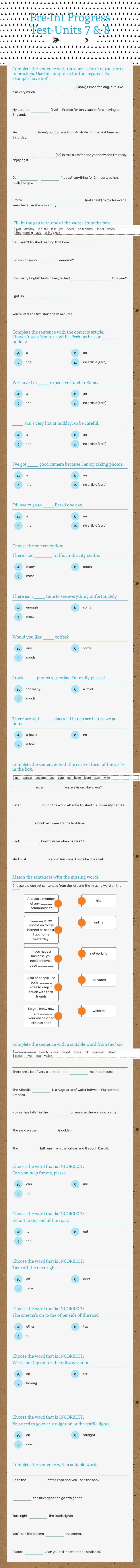 Pre-Int Progress Test-Units 7 & 8 worksheet preview image