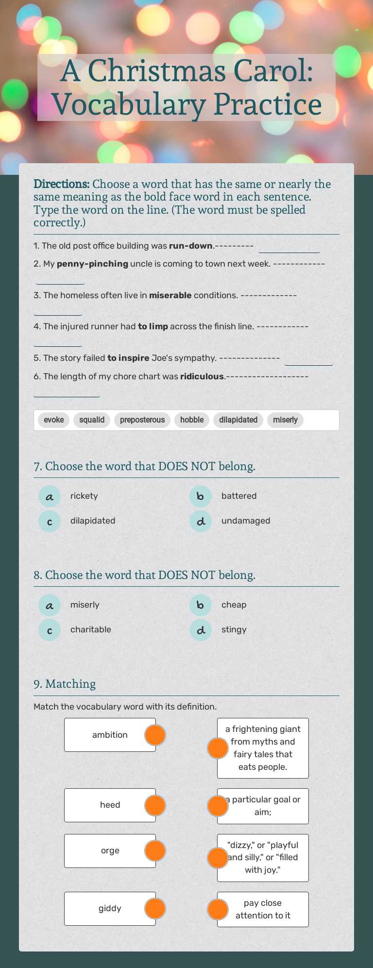 A Christmas Carol: Vocabulary Practice Grade 6 worksheet preview