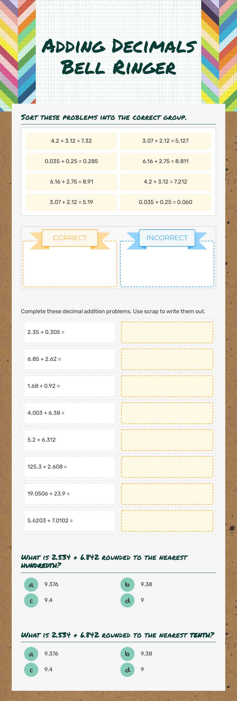 Adding Decimals  Bell Ringer Grade 6 worksheet preview