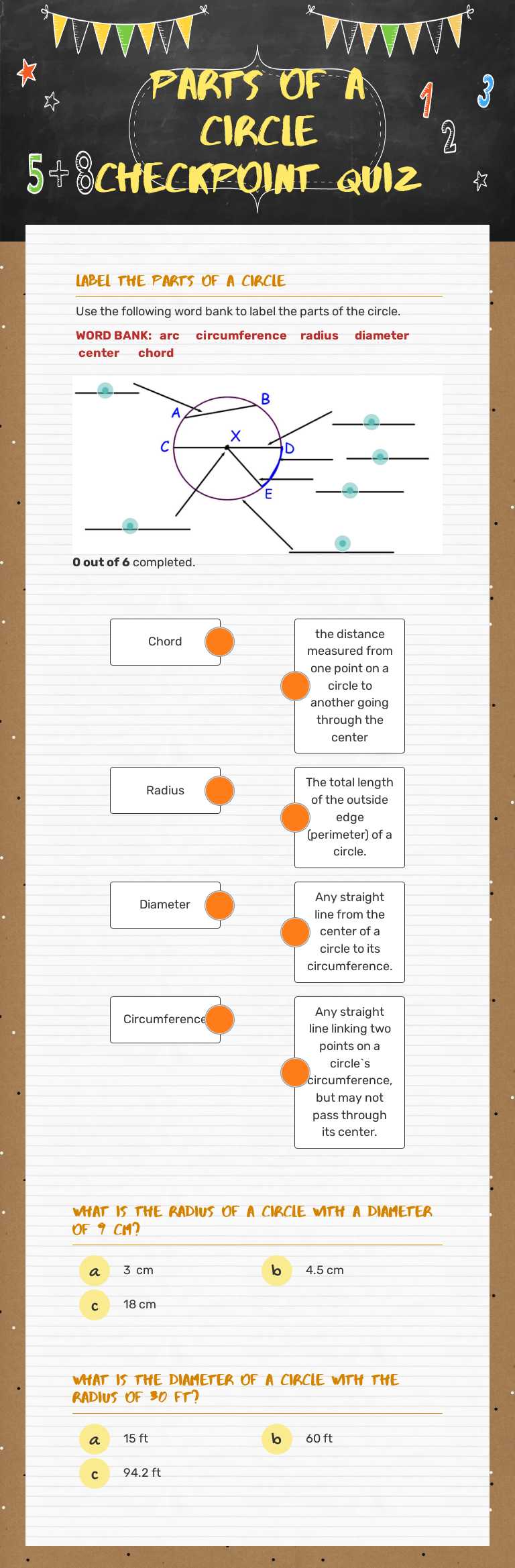 Parts of a Circle CheckPoint quiz worksheet preview image