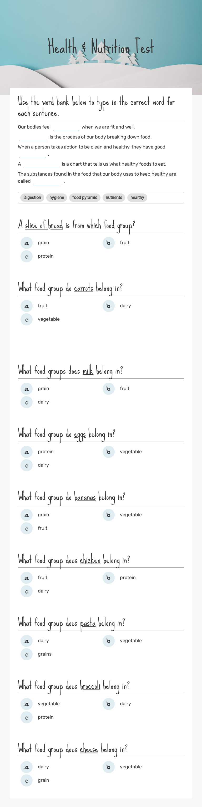 Health & Nutrition Test worksheet preview