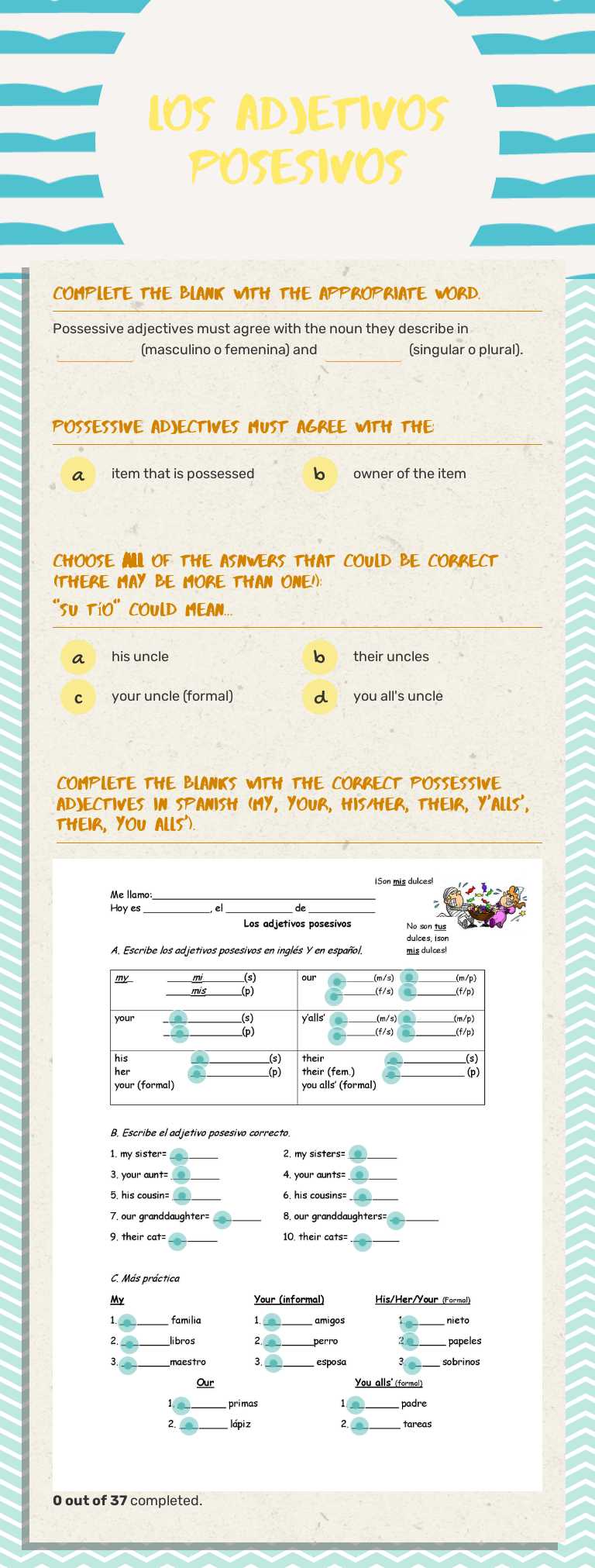 Los adjetivos posesivos Grade 8 worksheet preview