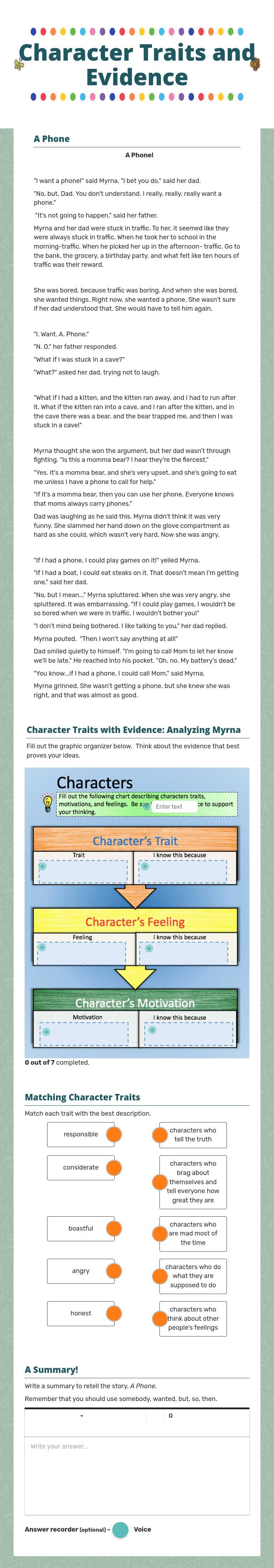 Character Traits and Evidence Grade 4 worksheet preview