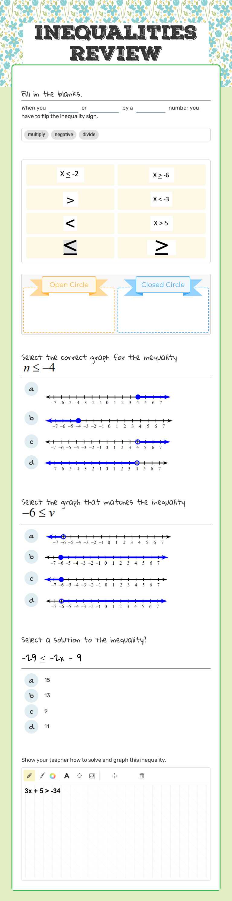 Inequalities Review worksheet preview image