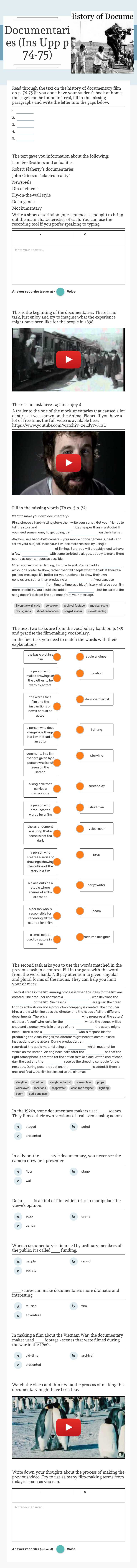 Documentaries (Ins Upp p 74-75) worksheet preview image