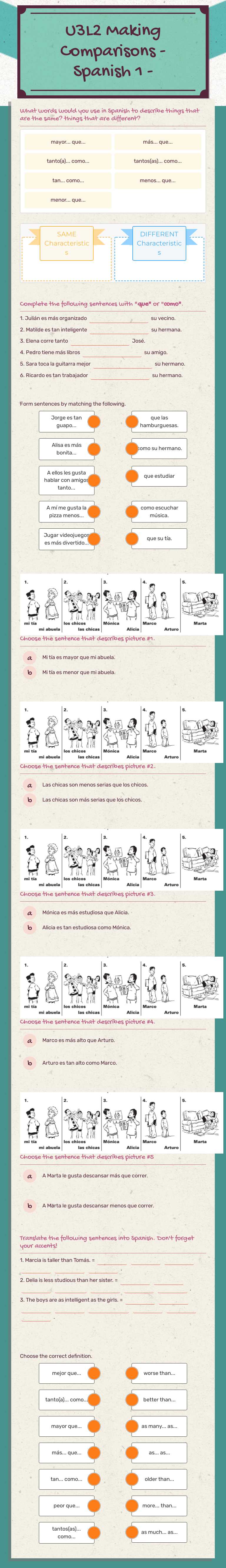 U3L2 Making Comparisons 
- Spanish 1 - worksheet preview image
