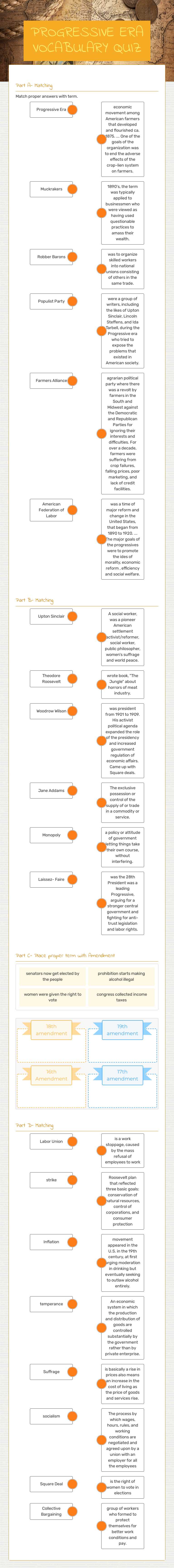 PROGRESSIVE ERA VOCABULARY QUIZ worksheet preview