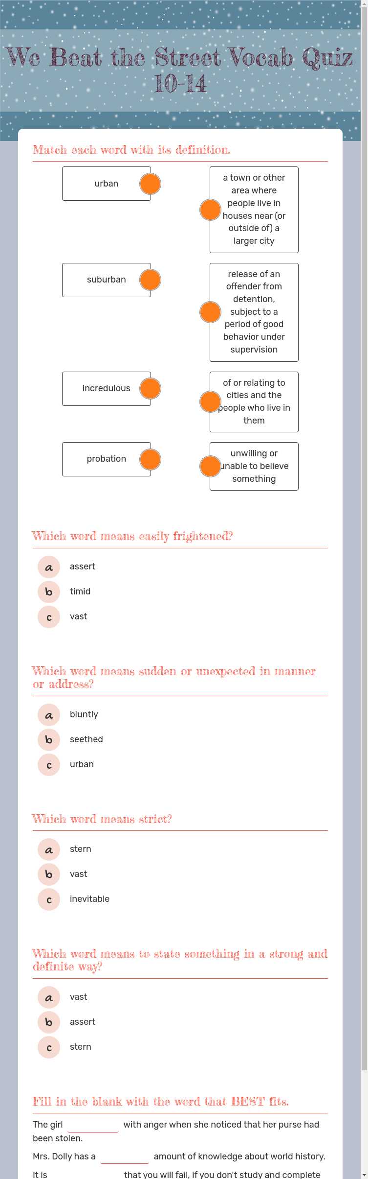We Beat the Street 
Vocab Quiz 10-14 worksheet preview image