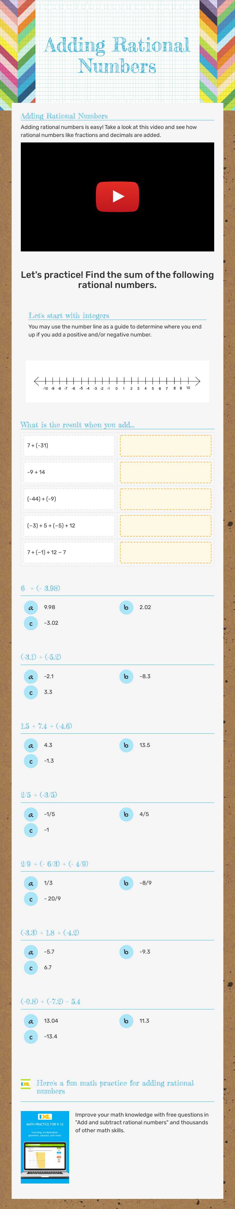 Adding Rational Numbers Grade 6 worksheet preview