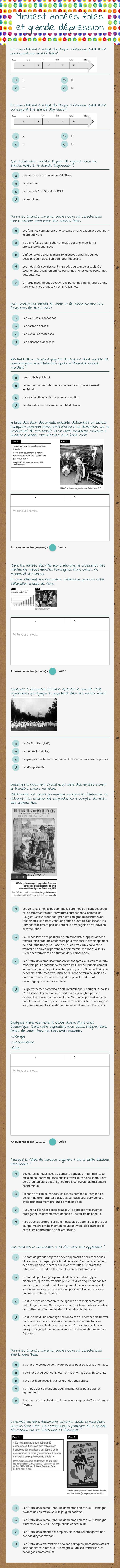 Minitest années folles et grande dépression worksheet preview image