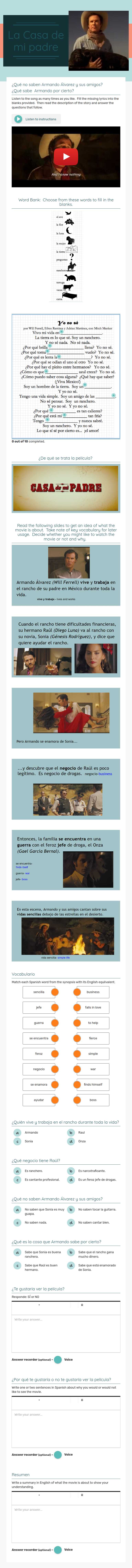 La Casa de mi padre Grade 10 worksheet preview