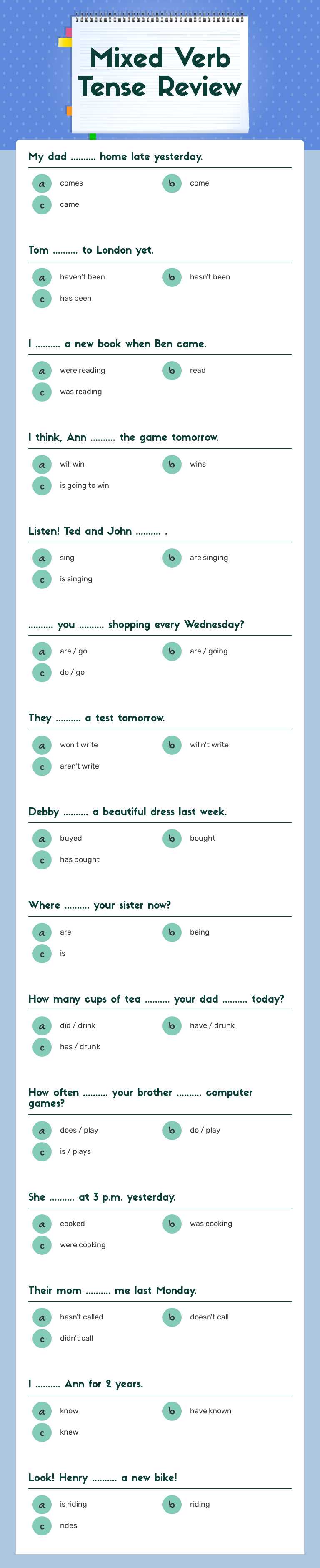 Mixed Verb Tense Review worksheet preview image