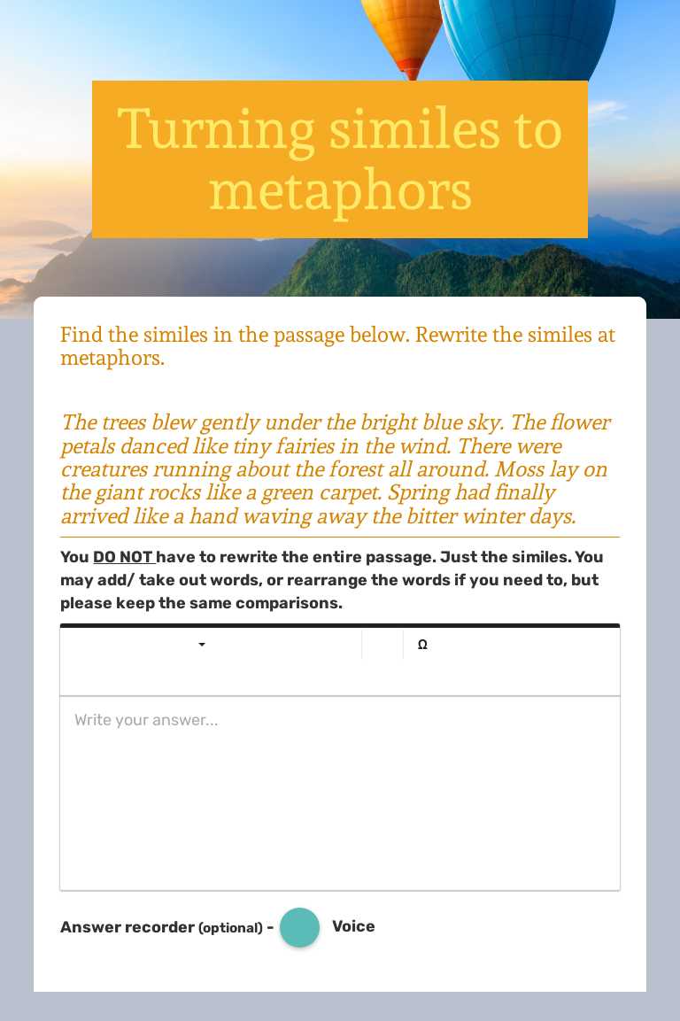 Turning similes to metaphors worksheet preview image
