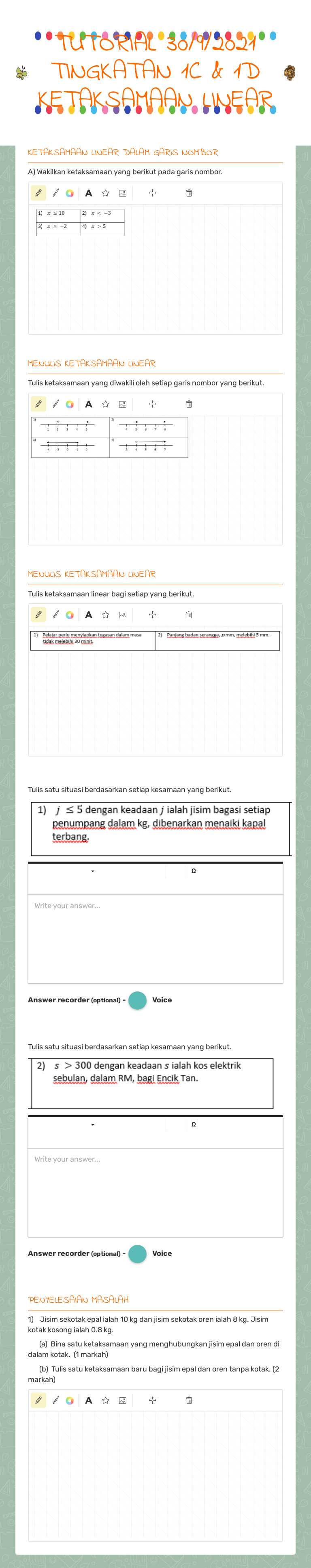 TUTORIAL 30/9/2021 TINGKATAN 1C & 1D  KETAKSAMAAN LINEAR worksheet preview image