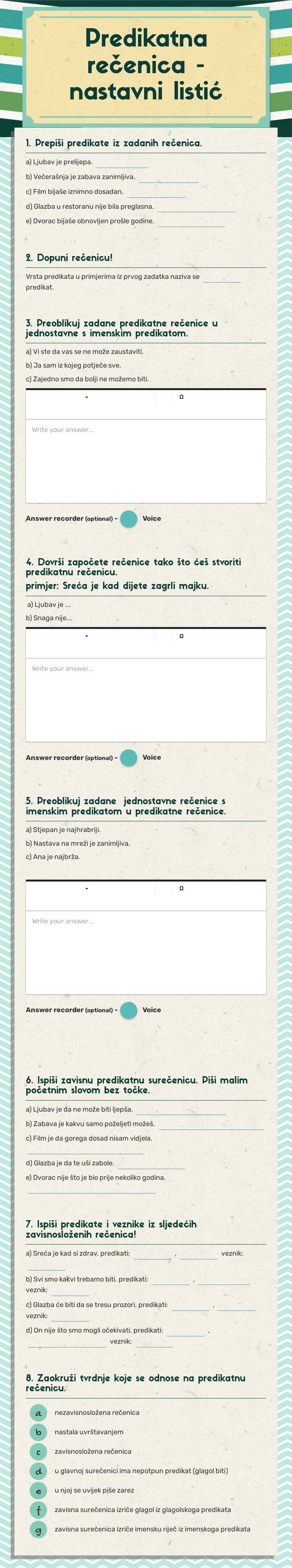 Predikatna rečenica -nastavni listić Grade 7 worksheet preview