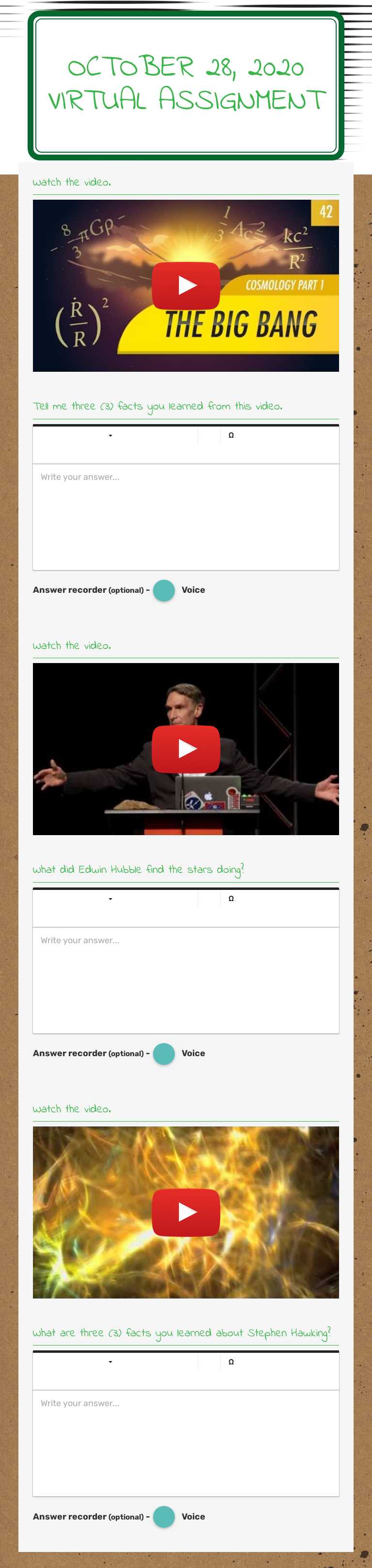 October 28, 2020 Virtual Assignment worksheet preview image