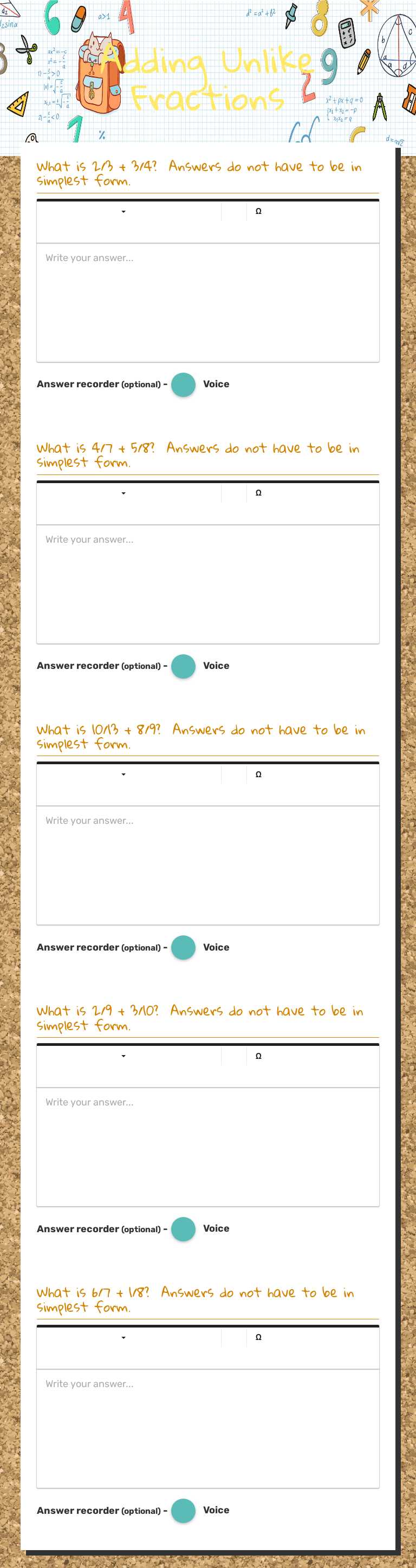 Adding Unlike Fractions Grade 5 worksheet preview