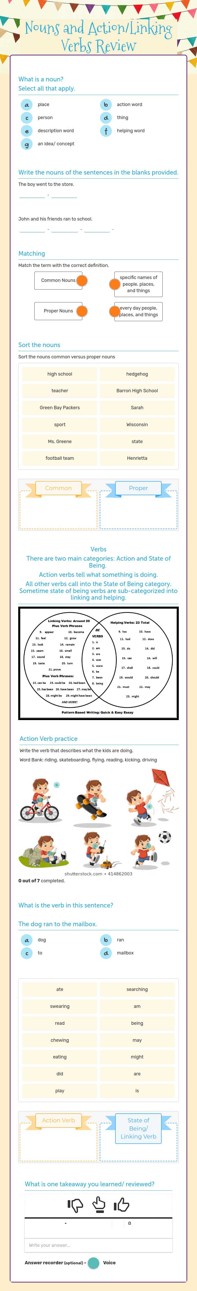 Nouns and Action/Linking Verbs Review worksheet preview image