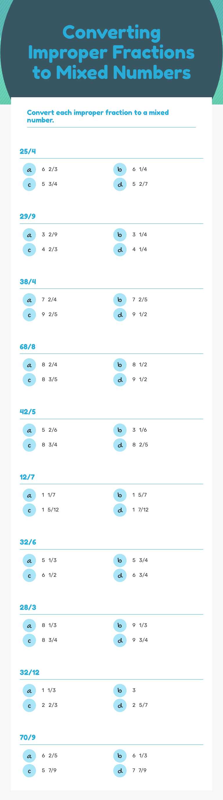 Converting Improper Fractions to Mixed Numbers worksheet preview image