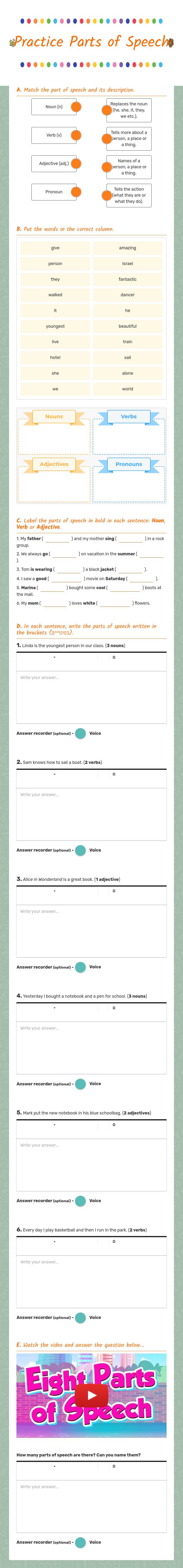 Practice Parts of Speech worksheet preview image