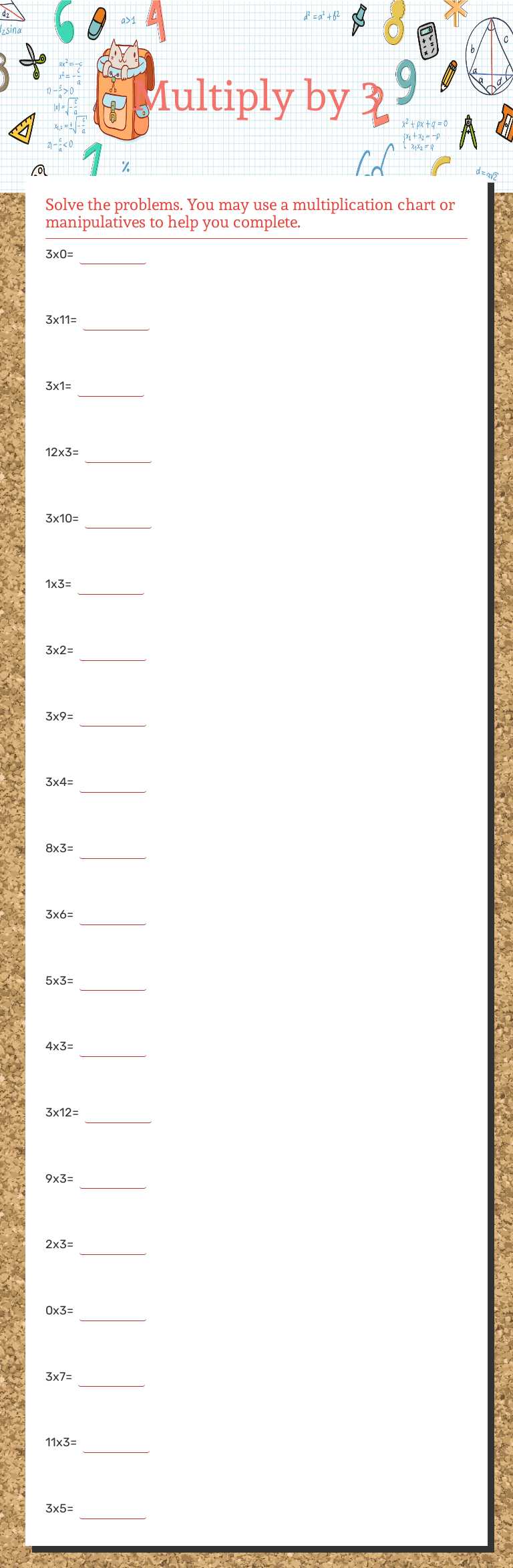 Multiply by 3 Grade 3 worksheet preview