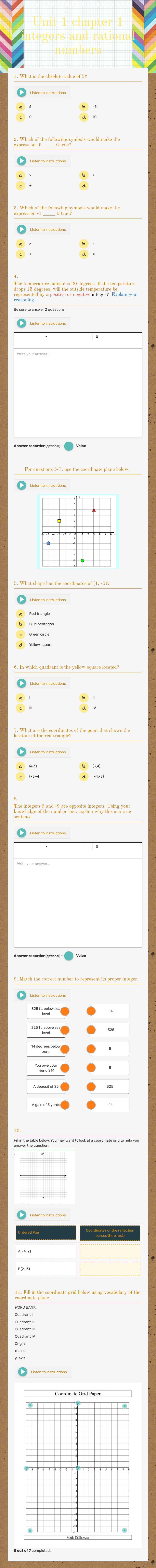 Unit 1 chapter 1 integers and rational numbers Grade 6 worksheet preview