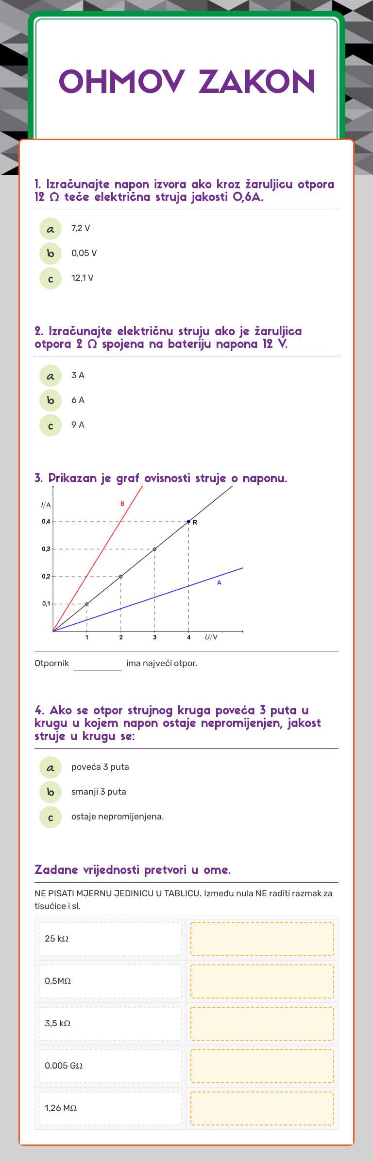 ohmov zakon Grade 8 worksheet preview