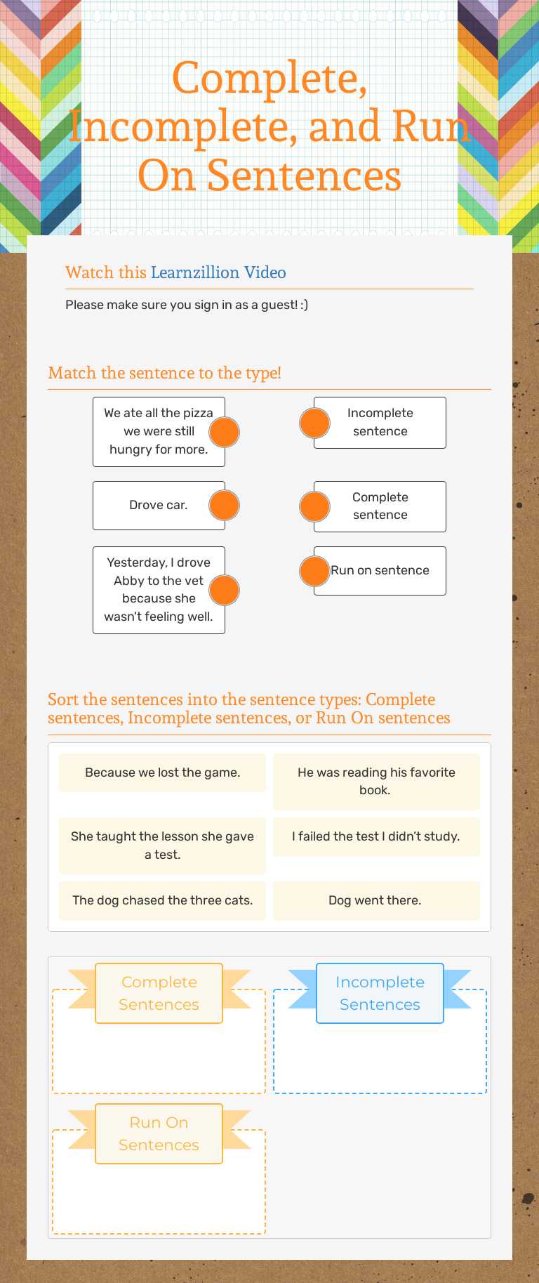 Complete, Incomplete, and Run On Sentences worksheet preview image