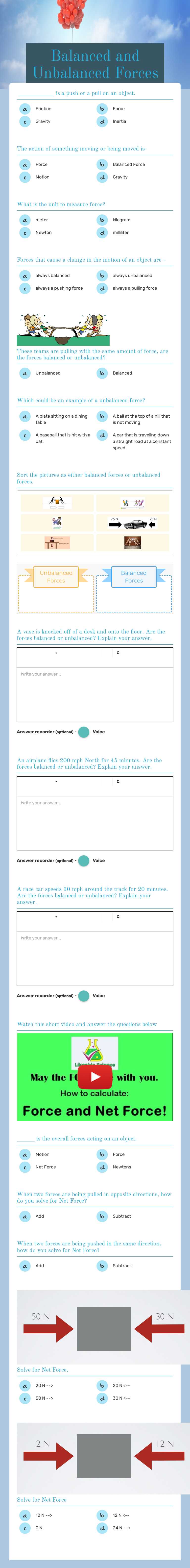 Balanced and Unbalanced Forces worksheet preview image