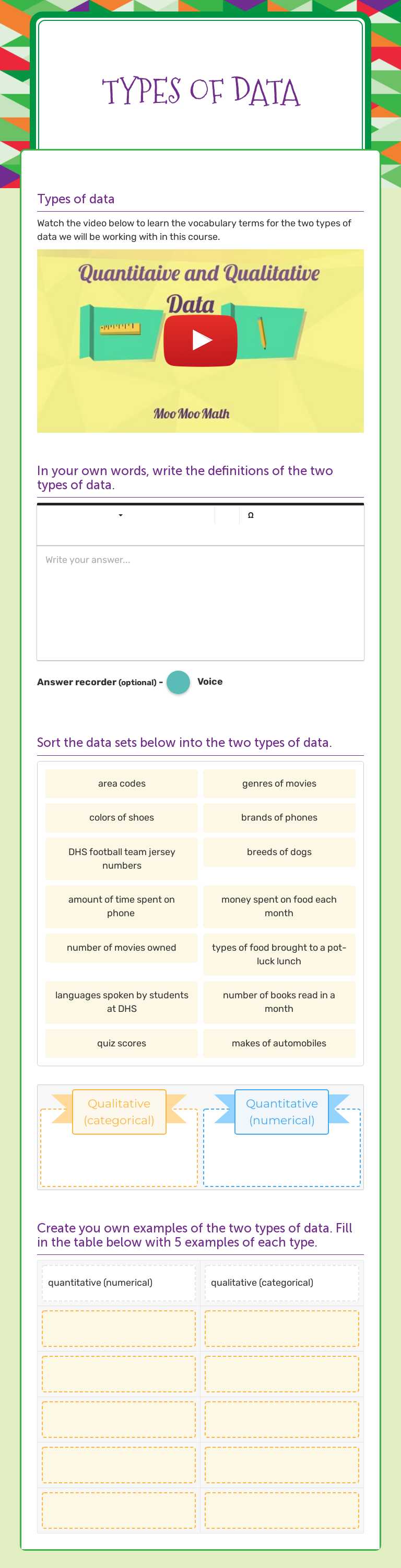 Types of Data worksheet preview image