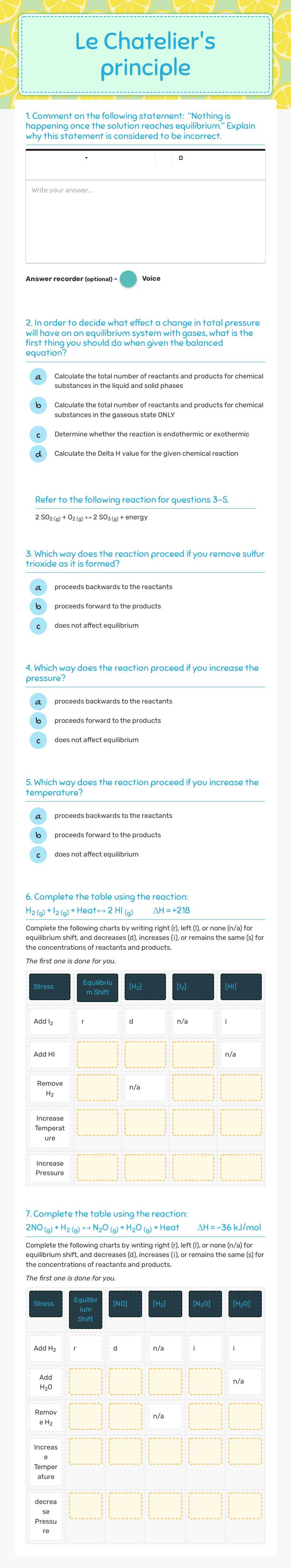 Le Chatelier's principle worksheet preview image