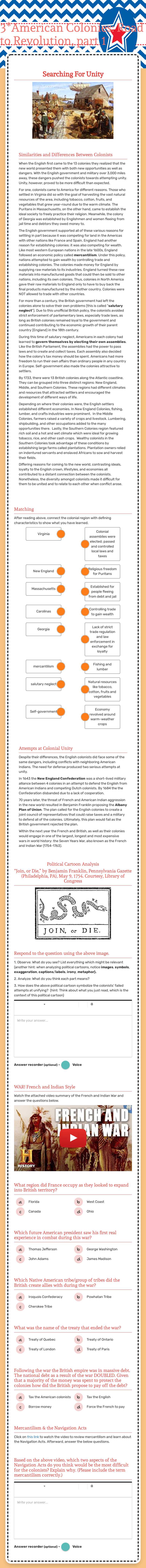 3*American Colonies:  
Road to Revolution, part 1 worksheet preview image