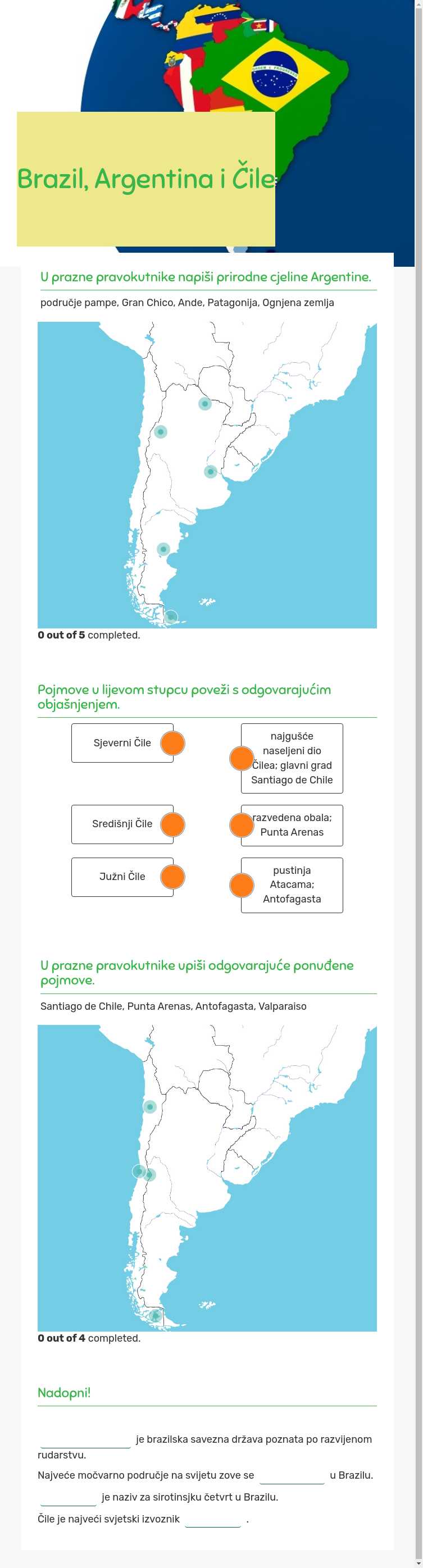 Brazil, Argentina i Čile worksheet preview image