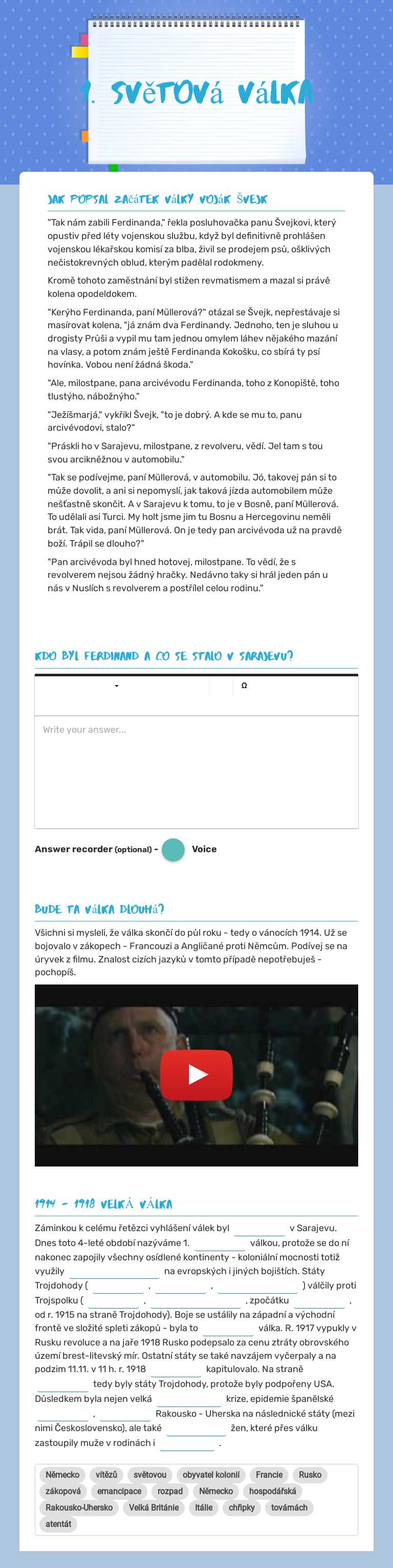 1. světová válka worksheet preview image
