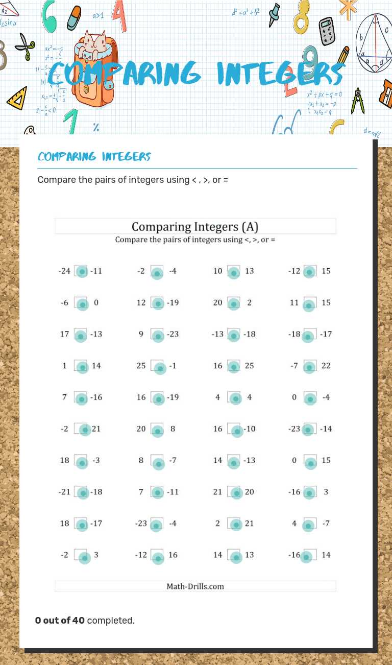 Comparing Integers worksheet preview image