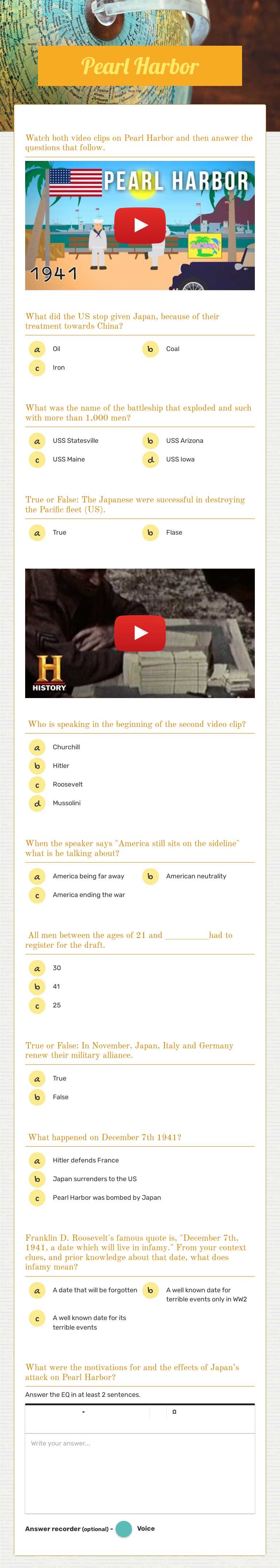Pearl Harbor worksheet preview image