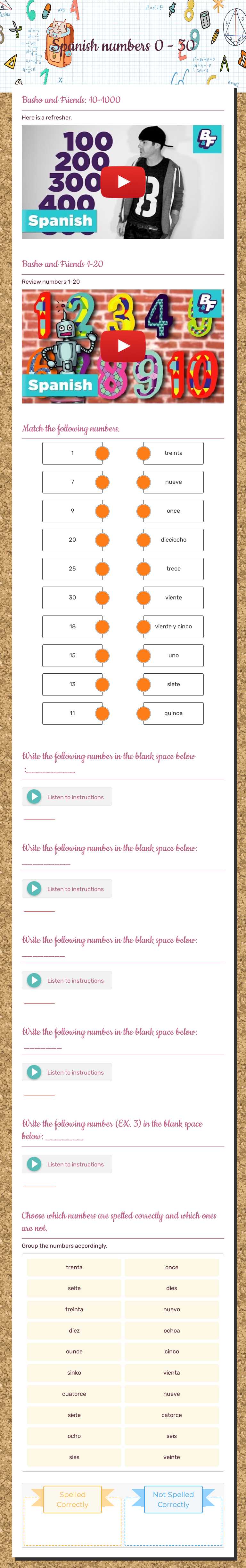Spanish numbers 0 - 30 Grade 6 worksheet preview
